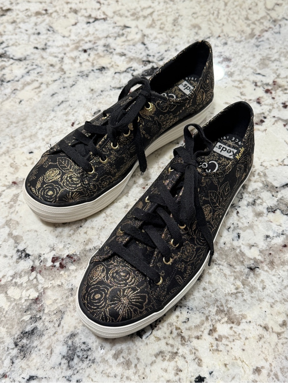 Rifle Paper Co. Keds Colette Jacquard Triple Kick Black & Gold Sneakers